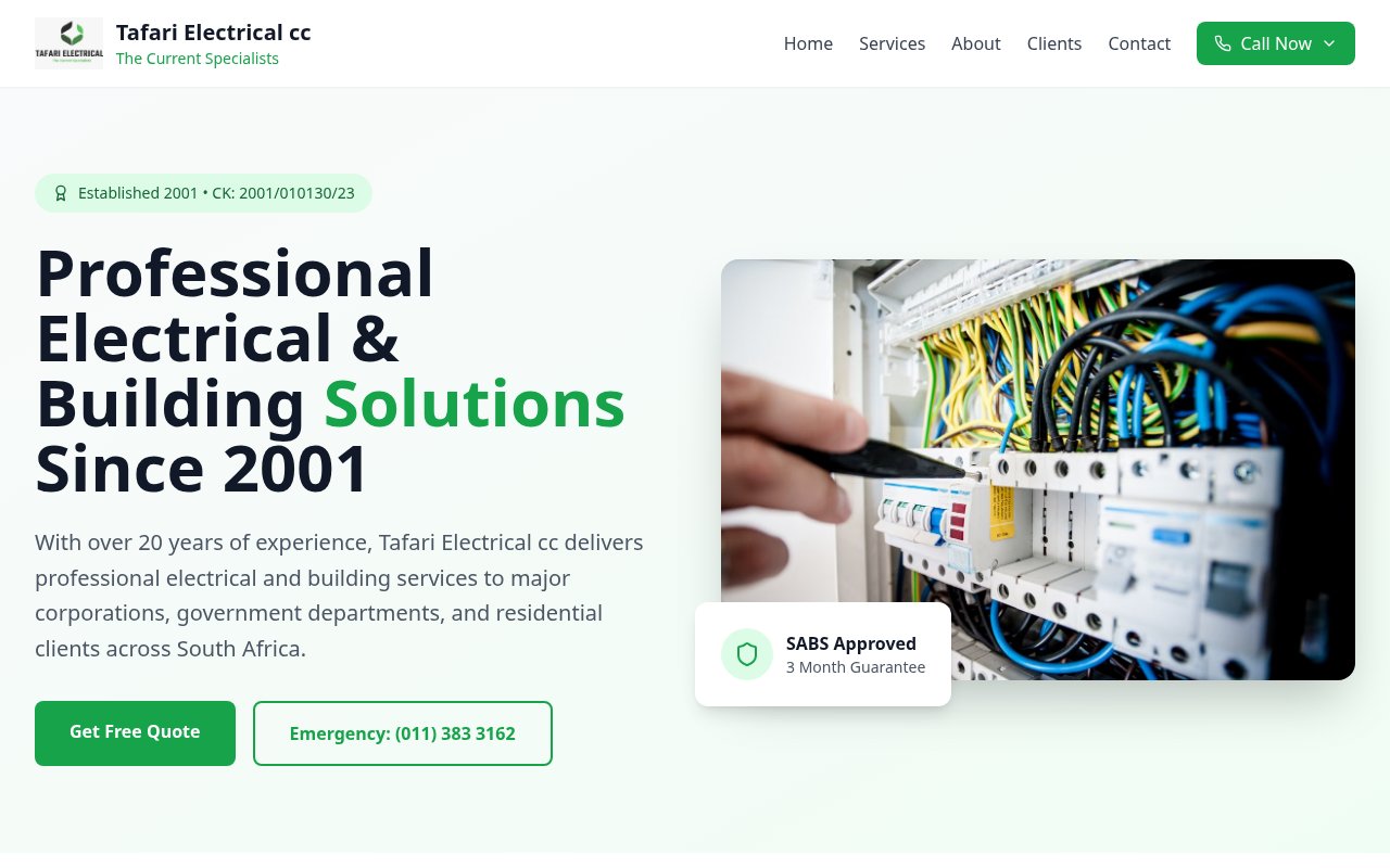 Tafari Electrical — live website screenshot